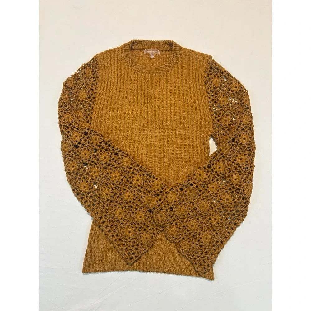 Love Colette Sweater Ladies Large Hippie Crochet Bell Sleeve Mustard Boho
